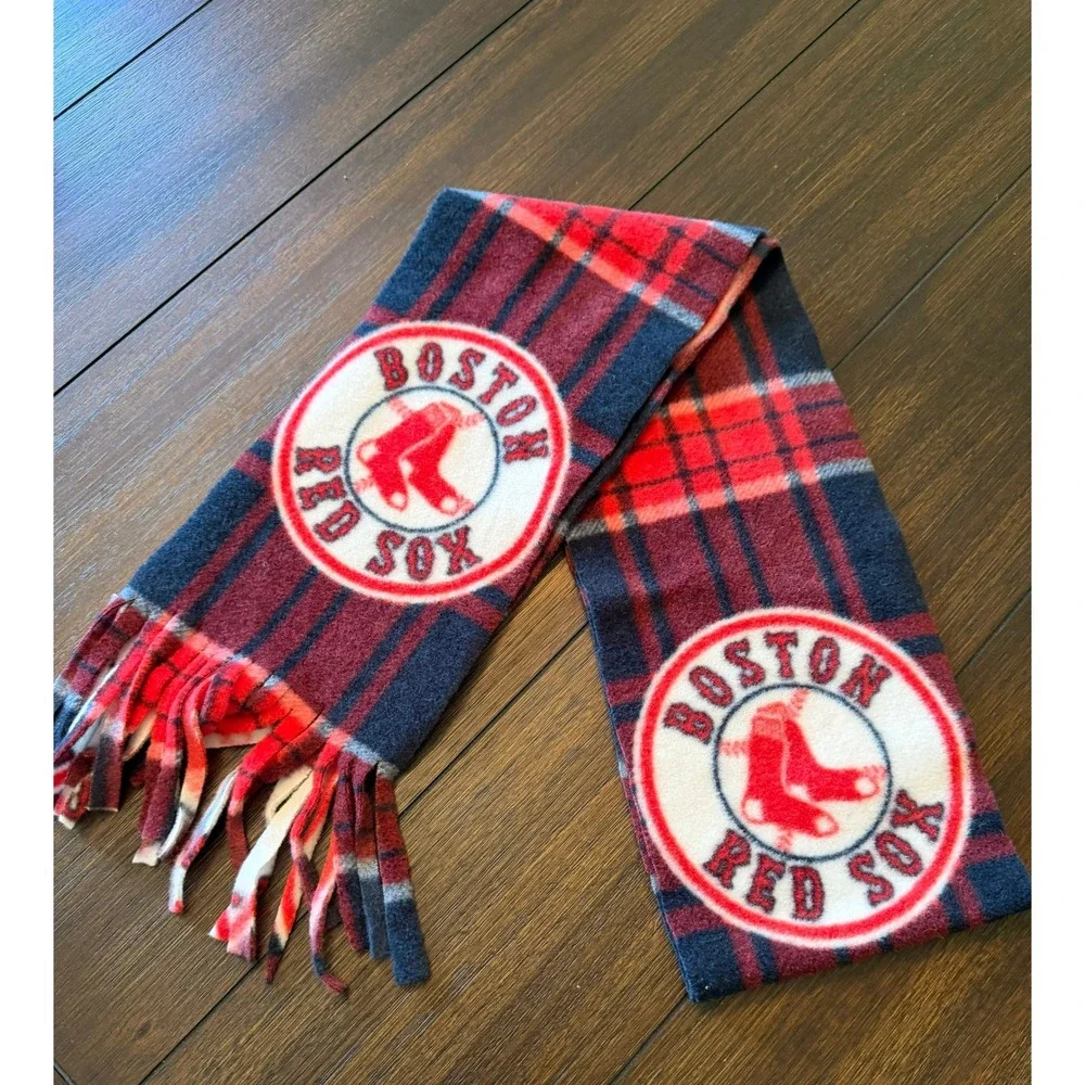Boston Red Sox MLB Fleece Scarf Red Navy Blue Plaid Logo Fringe Fan Gear